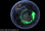 Imagem de uma aurora austral capturada em 11 de setembro de 2005 pelo satlite da NASA IMAGE. <br /><br />  Palavras-chave: Magnetismo, campo magntico da terra, plo magntico, ons, raios csmicos, luz.