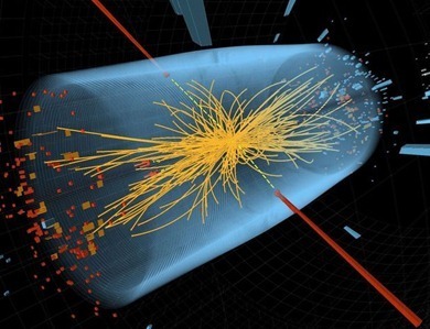 A imagem representa uma ilustrao do modelo padro da fsica de partculas que implica na existncia do chamado Campo de Higgs o qual permeia todo o espao. As partculas que interagem com este campo mais fortemente experimentam uma resistncia maior ao seu movimento e por isso parecem mais pesadas. Algumas partculas, porm, como os ftons no interagem com o campo e por isso no possuem massa.
<br /><br />
Palavras-chave: Bson, Higgs, ftons, partculas, campo magntico.